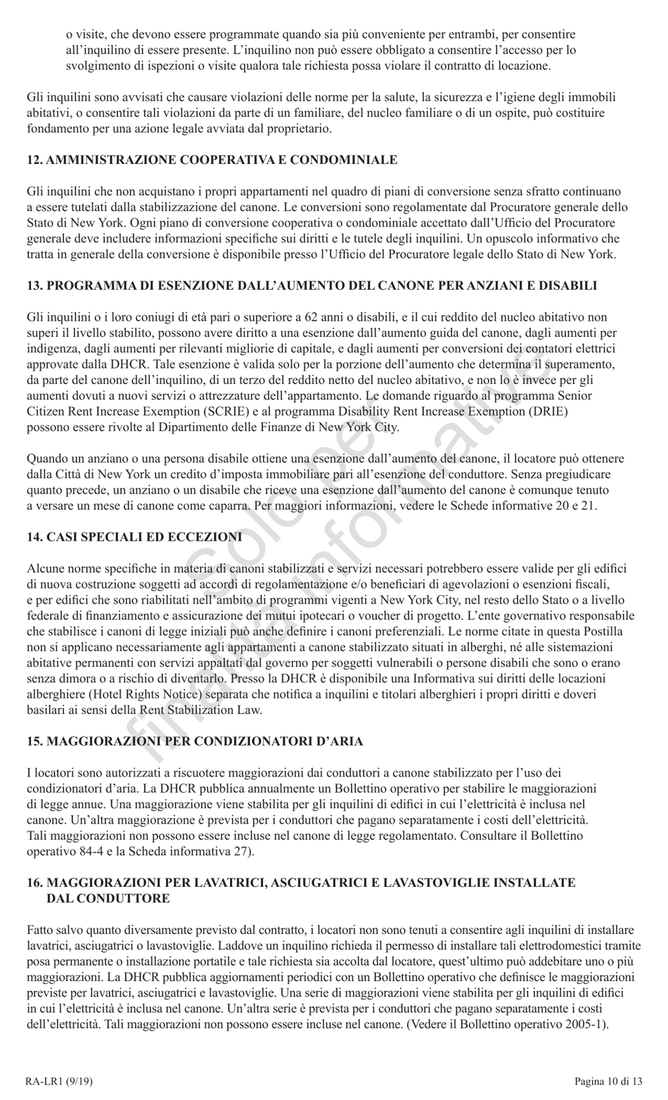 Form RA-LR1 New York City Lease Rider for Rent Stabilized Tenants - New York (Italian), Page 10