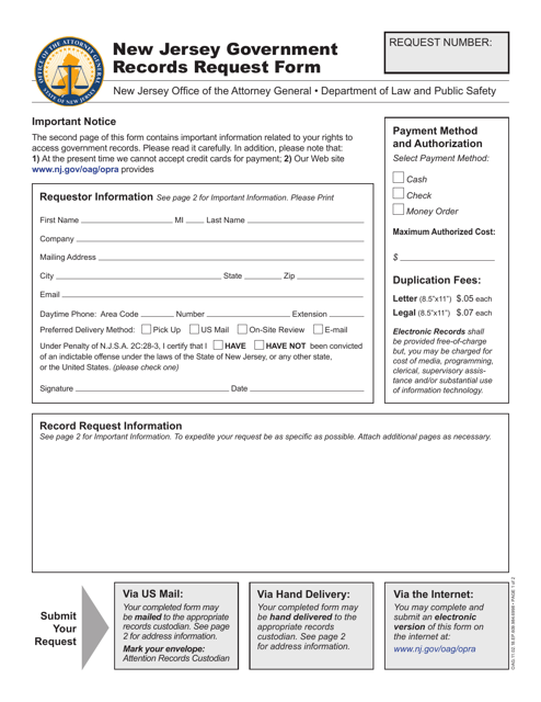 New Jersey Government Records Request Form - New Jersey Download Pdf