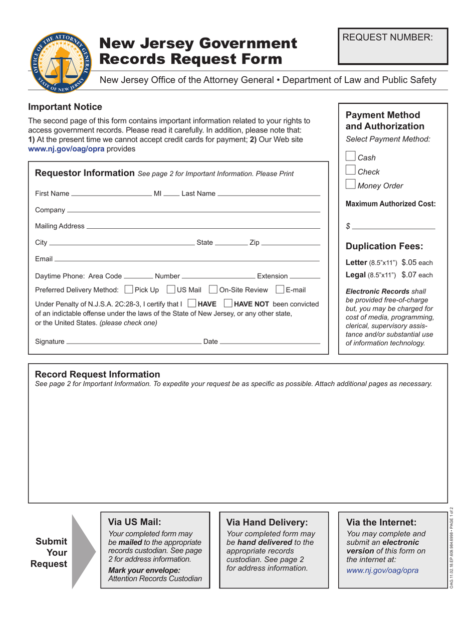 New Jersey New Jersey Government Records Request Form Fill Out, Sign Online and Download PDF