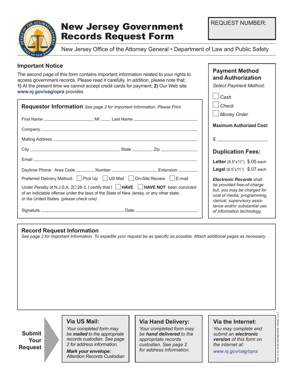 New Jersey Government Records Request Form - New Jersey, Page 1