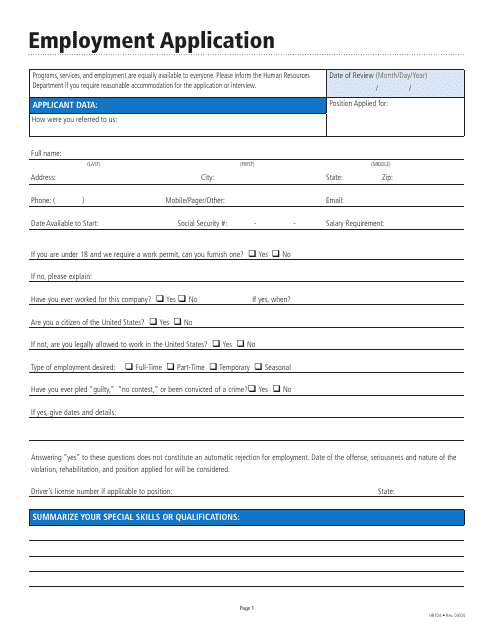 Employment Application Form - Blue Download Pdf