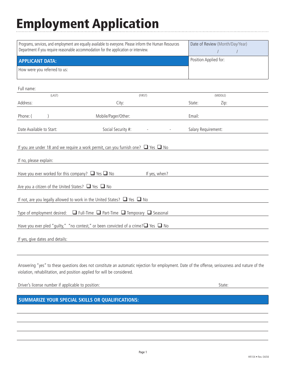 Employment Application Form - Blue, Page 1