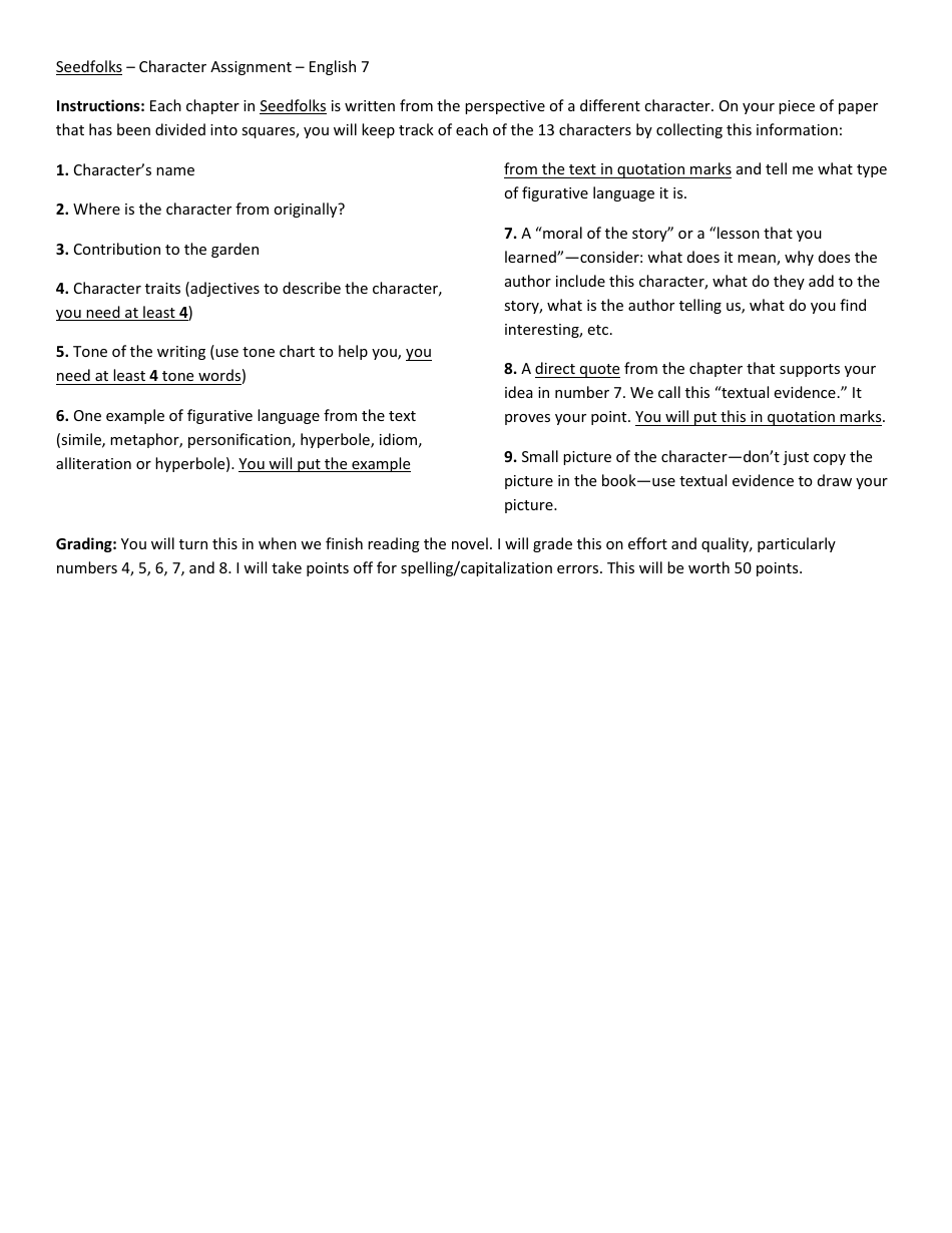 Seedfolks Character Assignment Worksheet Preview - English 7 by Granit School District