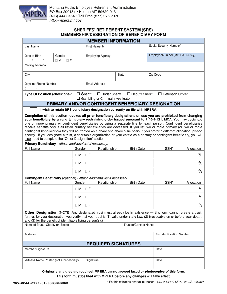 Sheriffs Retirement System (Srs) Membership / Designation of Beneficiary Form - Montana, Page 1