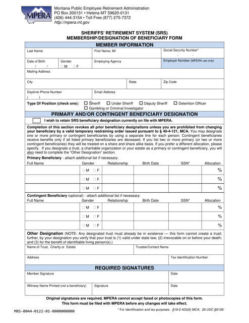 Sheriffs' Retirement System (Srs) Membership / Designation of Beneficiary Form - Montana Download Pdf