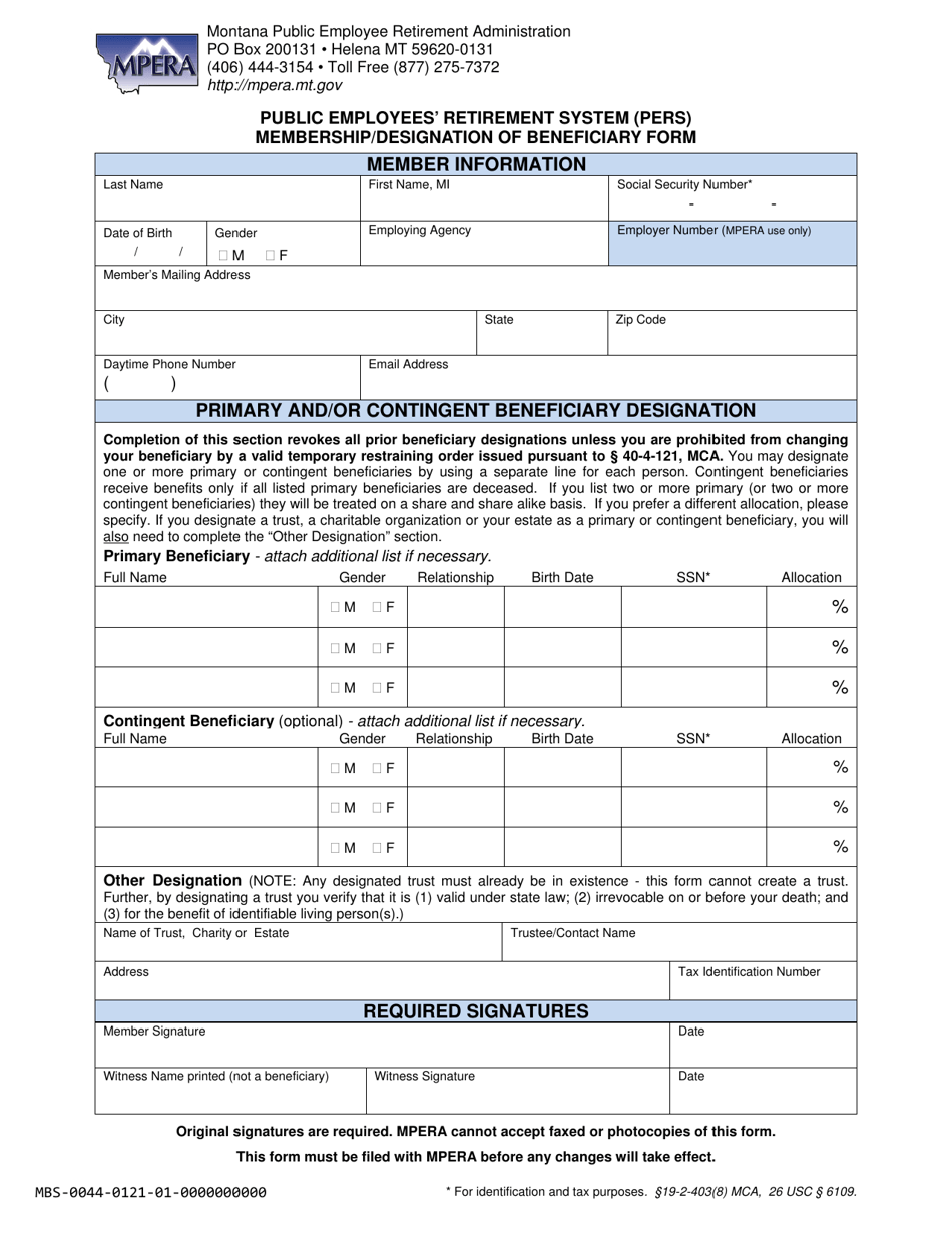 Public Employees Retirement System (Pers) Membership / Designation of Beneficiary Form - Montana, Page 1