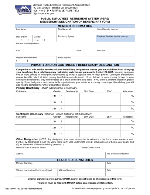 Public Employees' Retirement System (Pers) Membership / Designation of Beneficiary Form - Montana Download Pdf