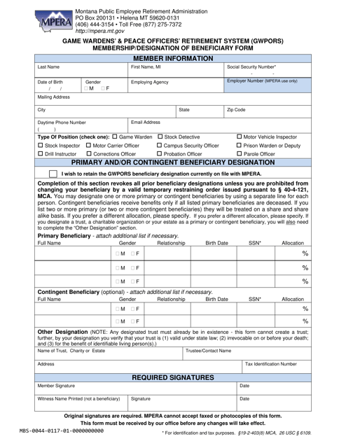Game Wardens' & Peace Officers' Retirement System (Gwpors) Membership / Designation of Beneficiary Form - Montana Download Pdf