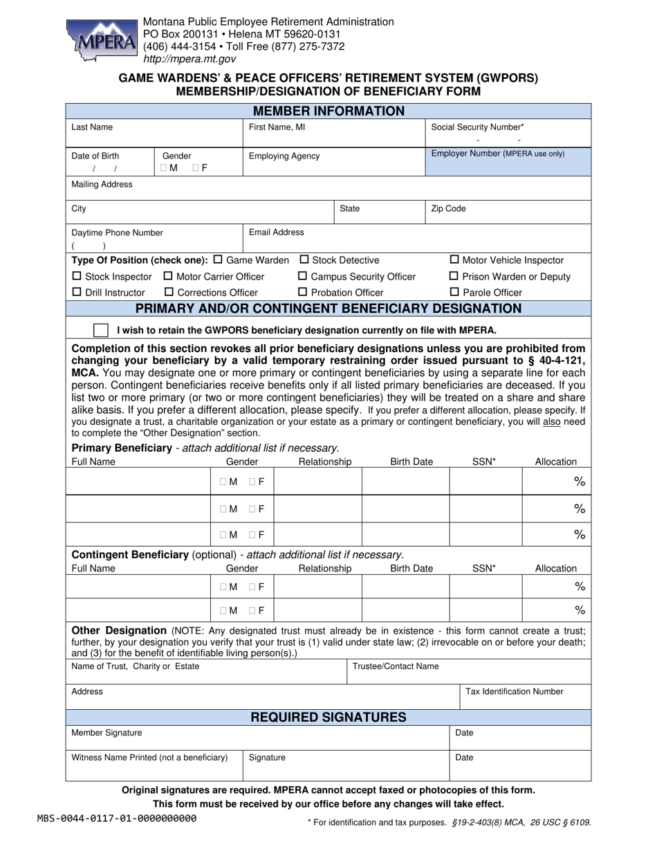 Game Wardens  Peace Officers Retirement System (Gwpors) Membership / Designation of Beneficiary Form - Montana, Page 1