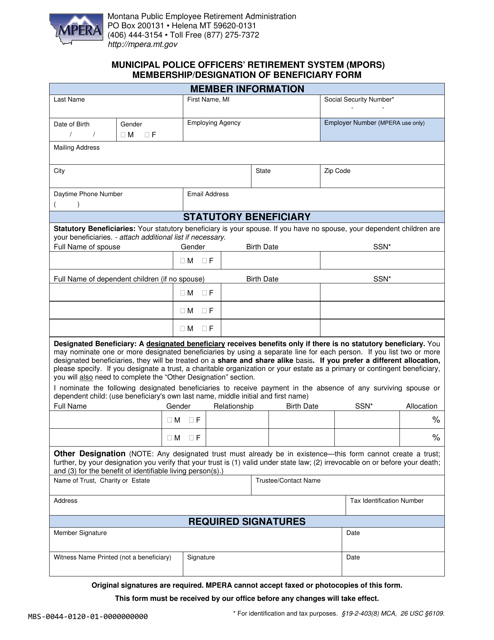 Municipal Police Officers' Retirement System (Mpors) Membership / Designation of Beneficiary Form - Montana Download Pdf