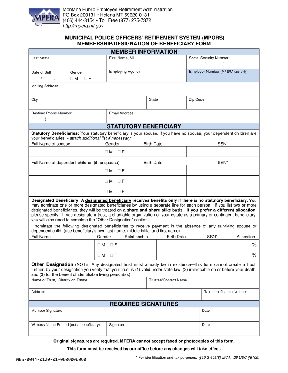 Municipal Police Officers Retirement System (Mpors) Membership / Designation of Beneficiary Form - Montana, Page 1