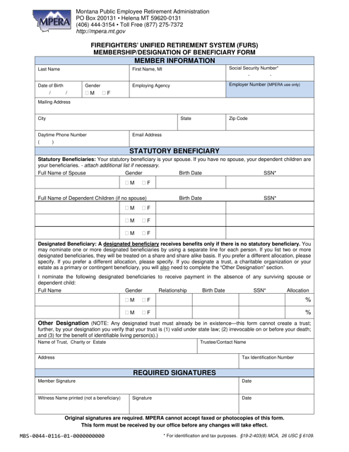 Firefighters' Unified Retirement System (Furs) Membership / Designation of Beneficiary Form - Montana Download Pdf