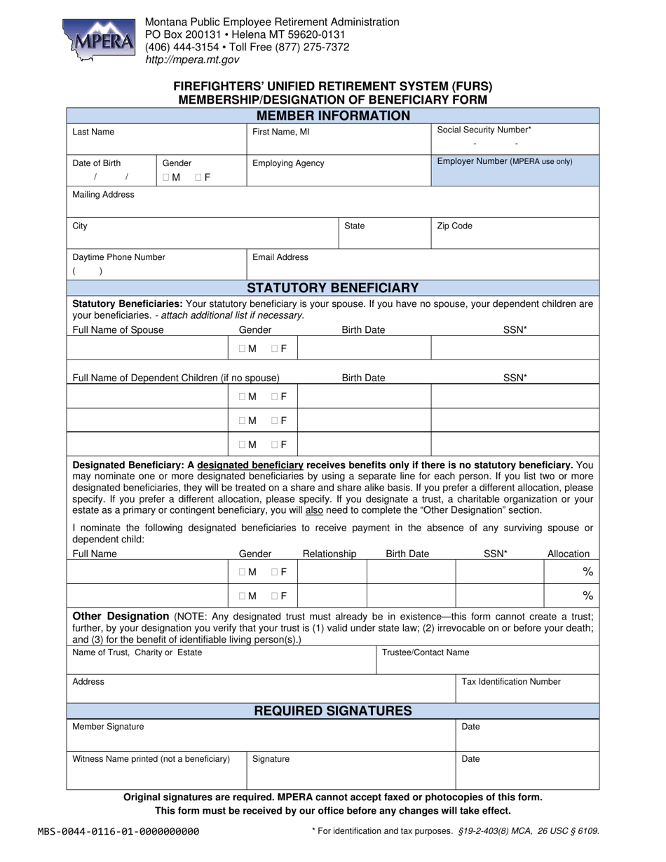 Firefighters Unified Retirement System (Furs) Membership / Designation of Beneficiary Form - Montana, Page 1