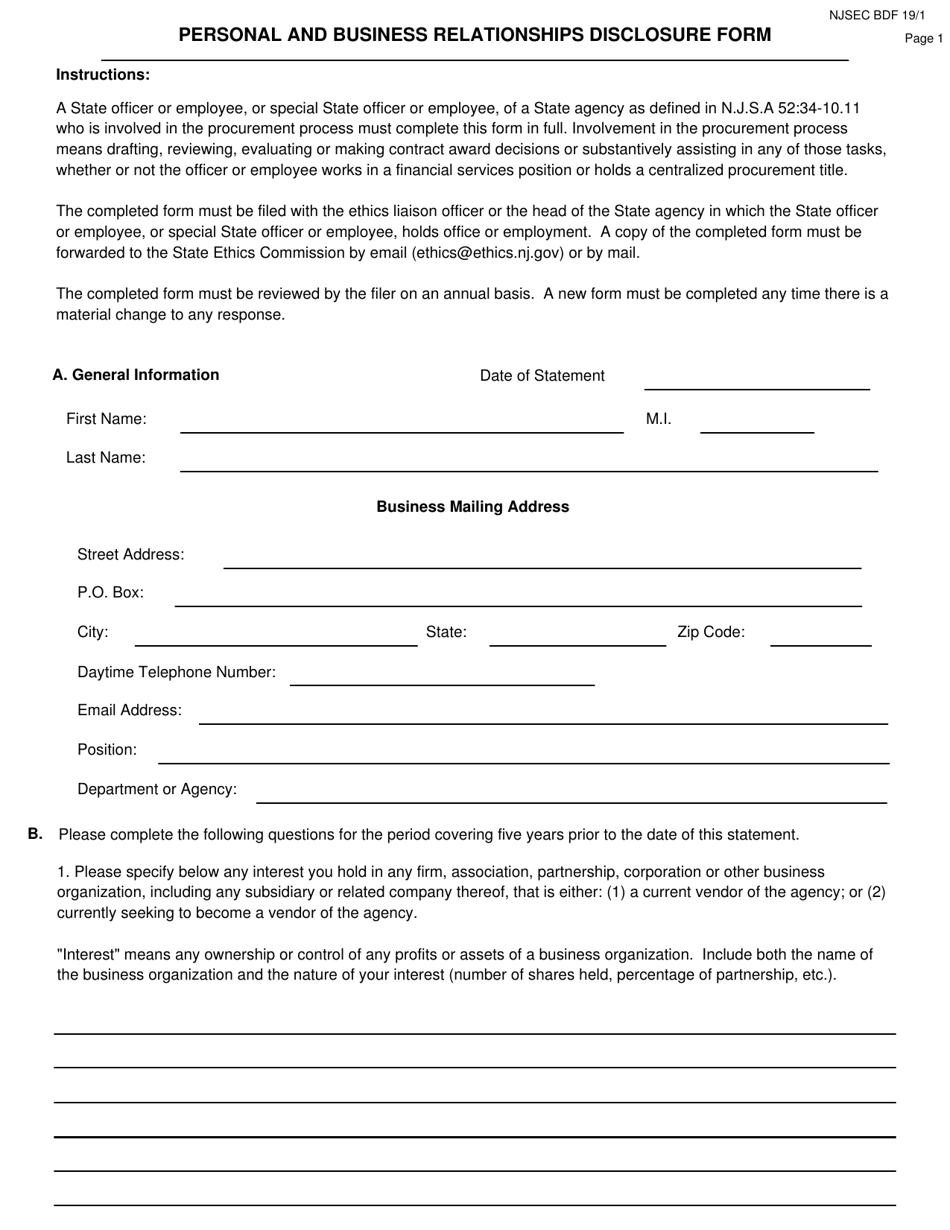 Personal and Business Relationships Disclosure Form - New Jersey, Page 1