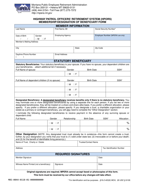 Highway Patrol Officers' Retirement System (Hpors) Membership / Designation of Beneficiary Form - Montana Download Pdf