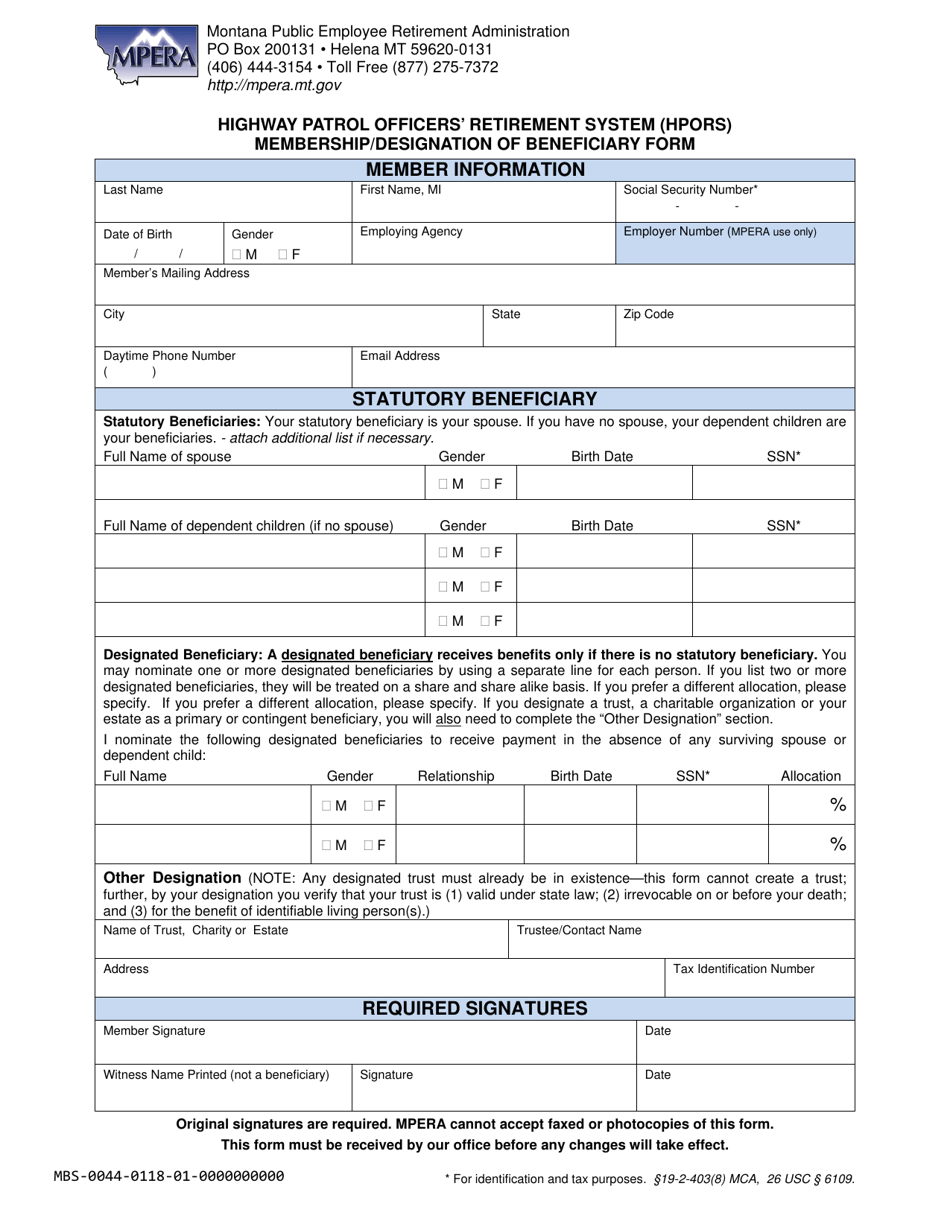 Highway Patrol Officers Retirement System (Hpors) Membership / Designation of Beneficiary Form - Montana, Page 1