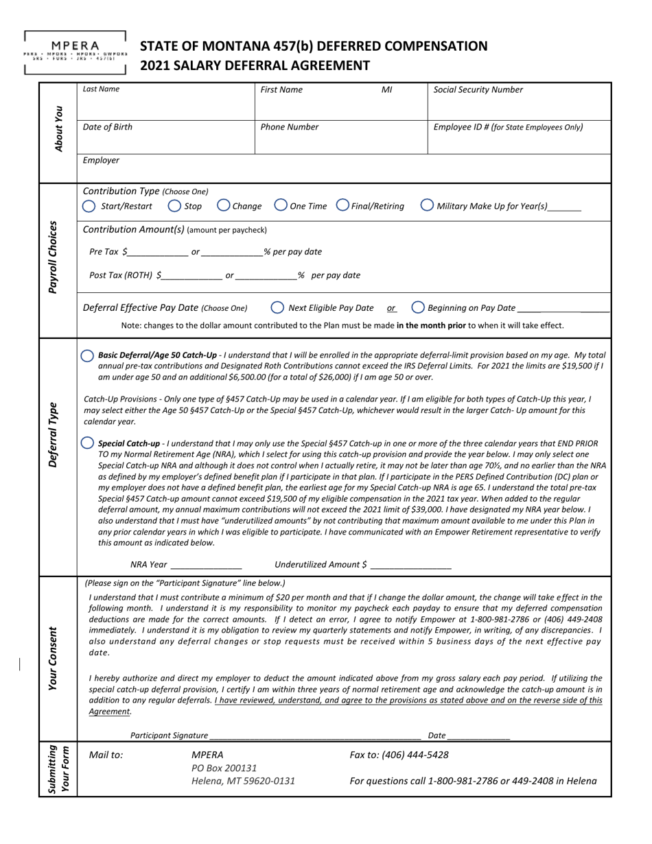 Salary Deferral Agreement - State of Montana 457(B) Deferred Compensation - Montana, Page 1