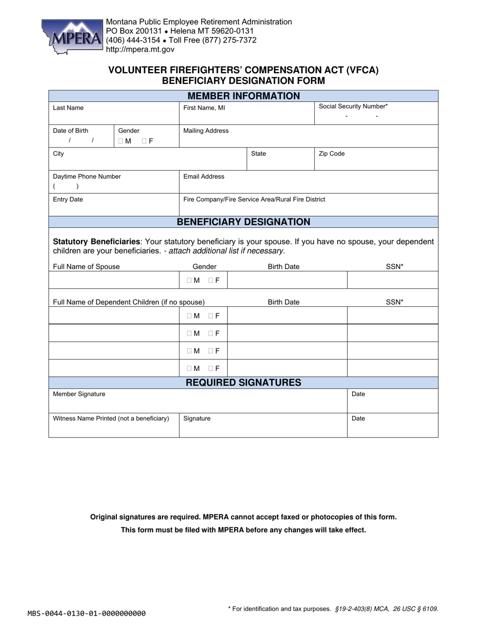 Volunteer Firefighters Compensation Act (Vfca) Beneficiary Designation Form - Montana, Page 1