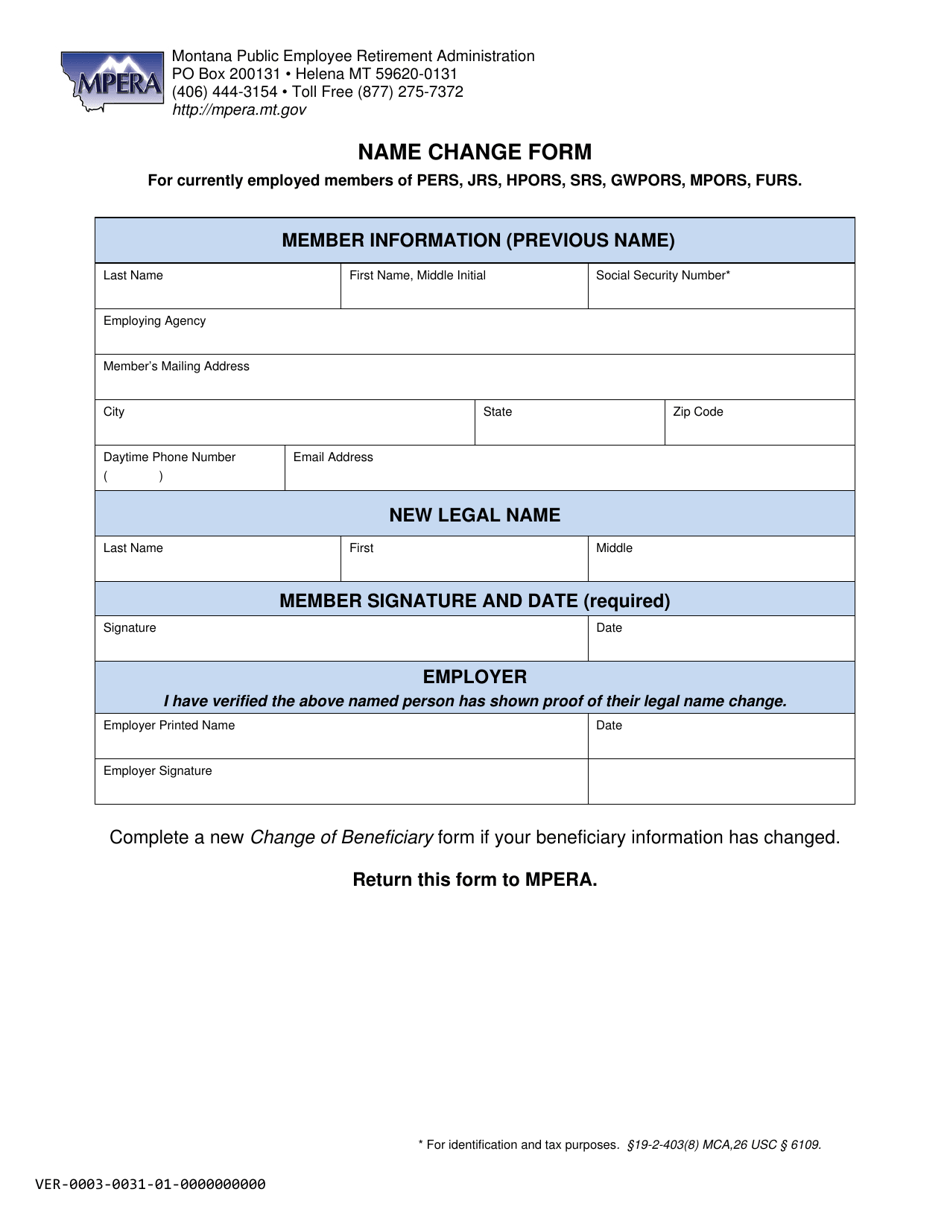 Name Change Form for Currently Employed Members of Pers, Jrs, Hpors, Srs, Gwpors, Mpors, Furs - Montana, Page 1