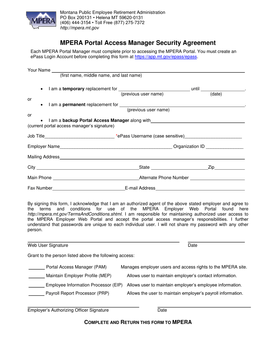 Montana Mpera Portal Access Manager Security Agreement Download ...