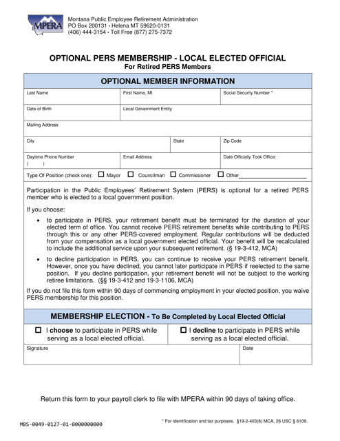 Optional Pers Membership - Local Elected Official for Retired Pers Members - Montana Download Pdf