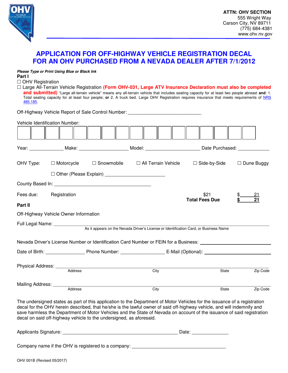 Form OHV001B Application for Off-Highway Vehicle Registration Decal for an OHV Purchased From a Nevada Dealer After 7 / 1 / 2012 - Nevada, Page 2