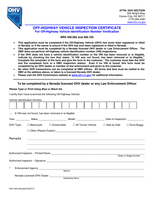 Form OHV002 Off-Highway Vehicle Inspection Certificate for Off-Highway Vehicle Identification Number Verification - Nevada