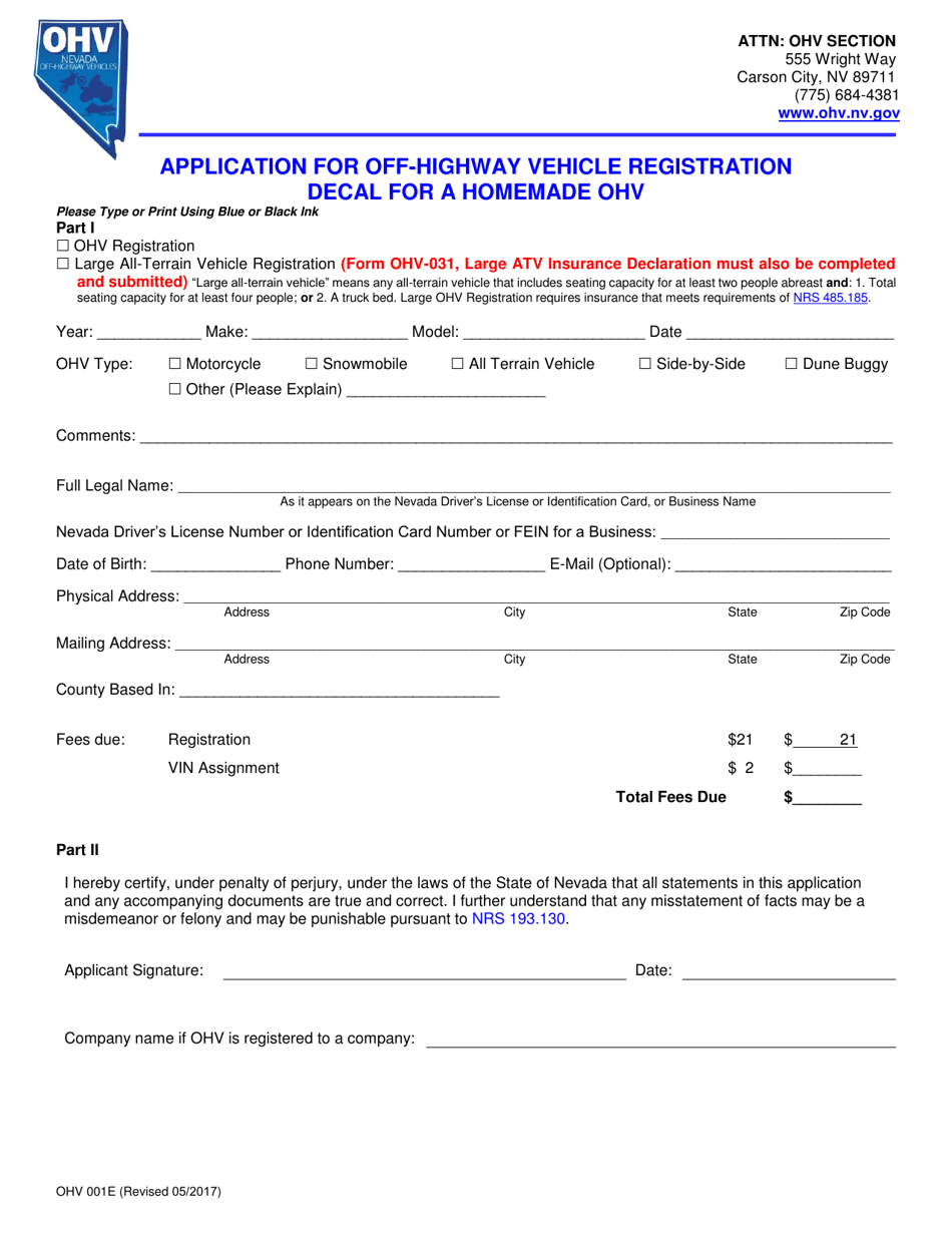 Form OHV001E Application for Off-Highway Vehicle Registration Decal for a Homemade Ohv - Nevada, Page 2