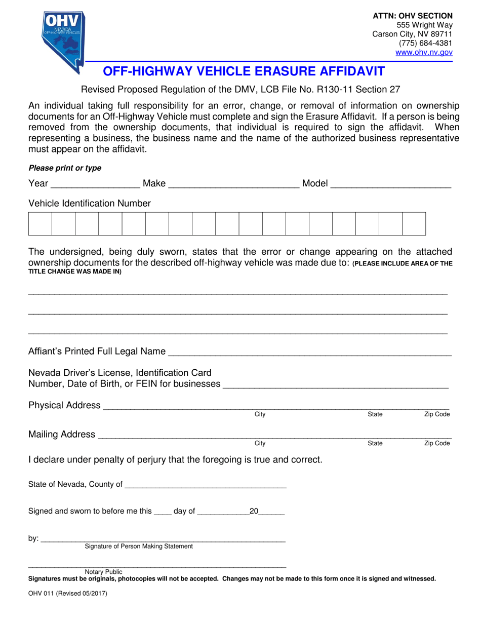 Form Ohv011 Fill Out Sign Online And Download Fillable Pdf Nevada Templateroller 1263