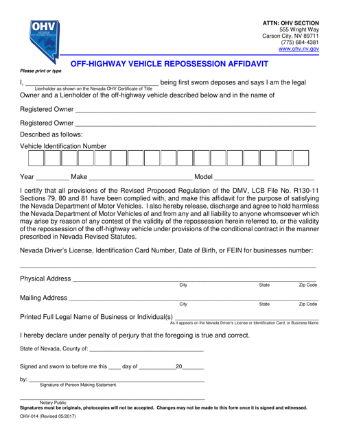 Form OHV-014  Printable Pdf