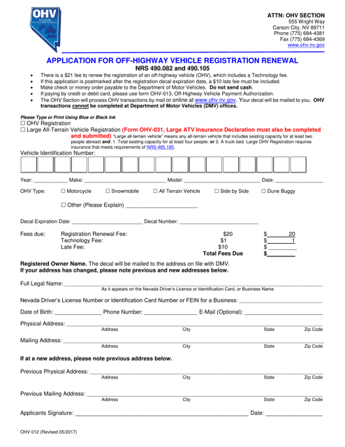 Form OHV012 Fill Out, Sign Online and Download Fillable PDF, Nevada