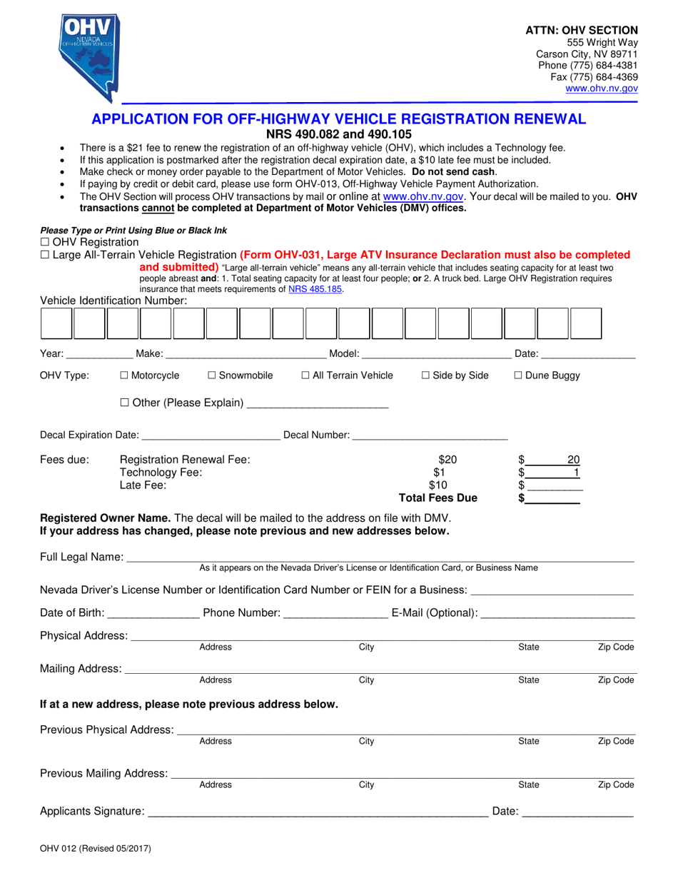 Form OHV012 Application for Off-Highway Vehicle Registration Renewal - Nevada, Page 1