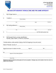 Document preview: Form OHV017 Nevada Off-Highway Vehicle One and the Same Affidavit - Nevada