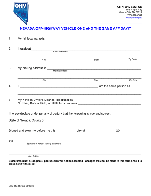 Form OHV017 Nevada Off-Highway Vehicle One and the Same Affidavit - Nevada