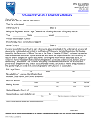Document preview: Form OHV016 Off-Highway Vehicle Power of Attorney - Nevada