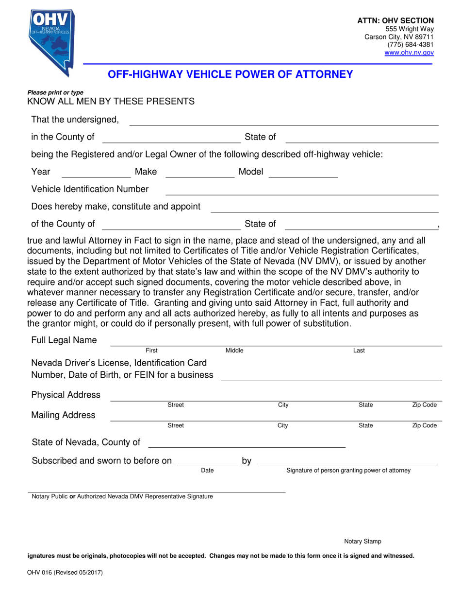 Form OHV016 Off-Highway Vehicle Power of Attorney - Nevada, Page 1