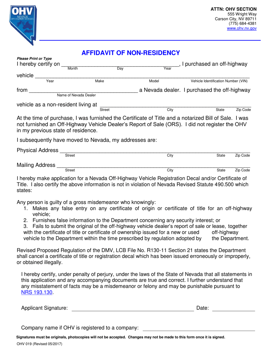 Form OHV019 Affidavit of Non-residency - Nevada, Page 1
