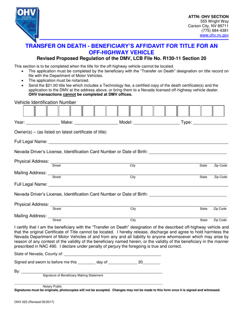 Form OHV023 Transfer on Death - Beneficiary's Affidavit for Title for an Off-Highway Vehicle - Nevada