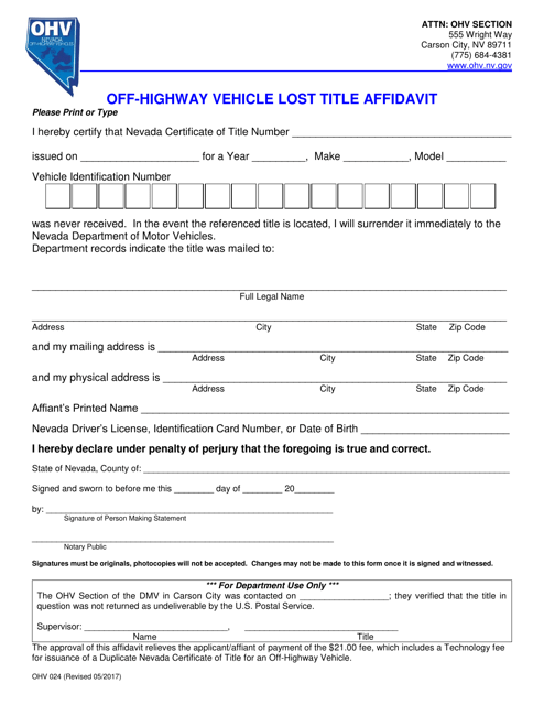 Form OHV024 Off-Highway Vehicle Lost Title Affidavit - Nevada