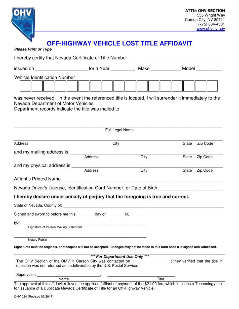 Form OHV024 Off-Highway Vehicle Lost Title Affidavit - Nevada, Page 1