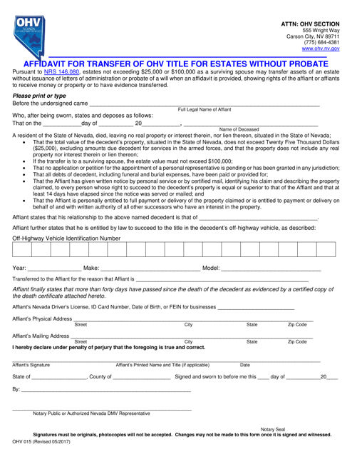 Form OHV015 Affidavit for Transfer of OHV Title for Estates Without Probate - Nevada