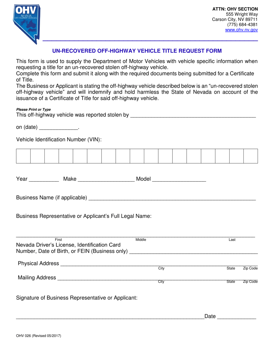 Form OHV026 Un-recovered Off-Highway Vehicle Title Request Form - Nevada, Page 1