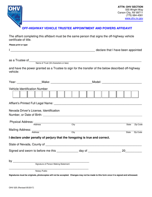 Form OHV025  Printable Pdf
