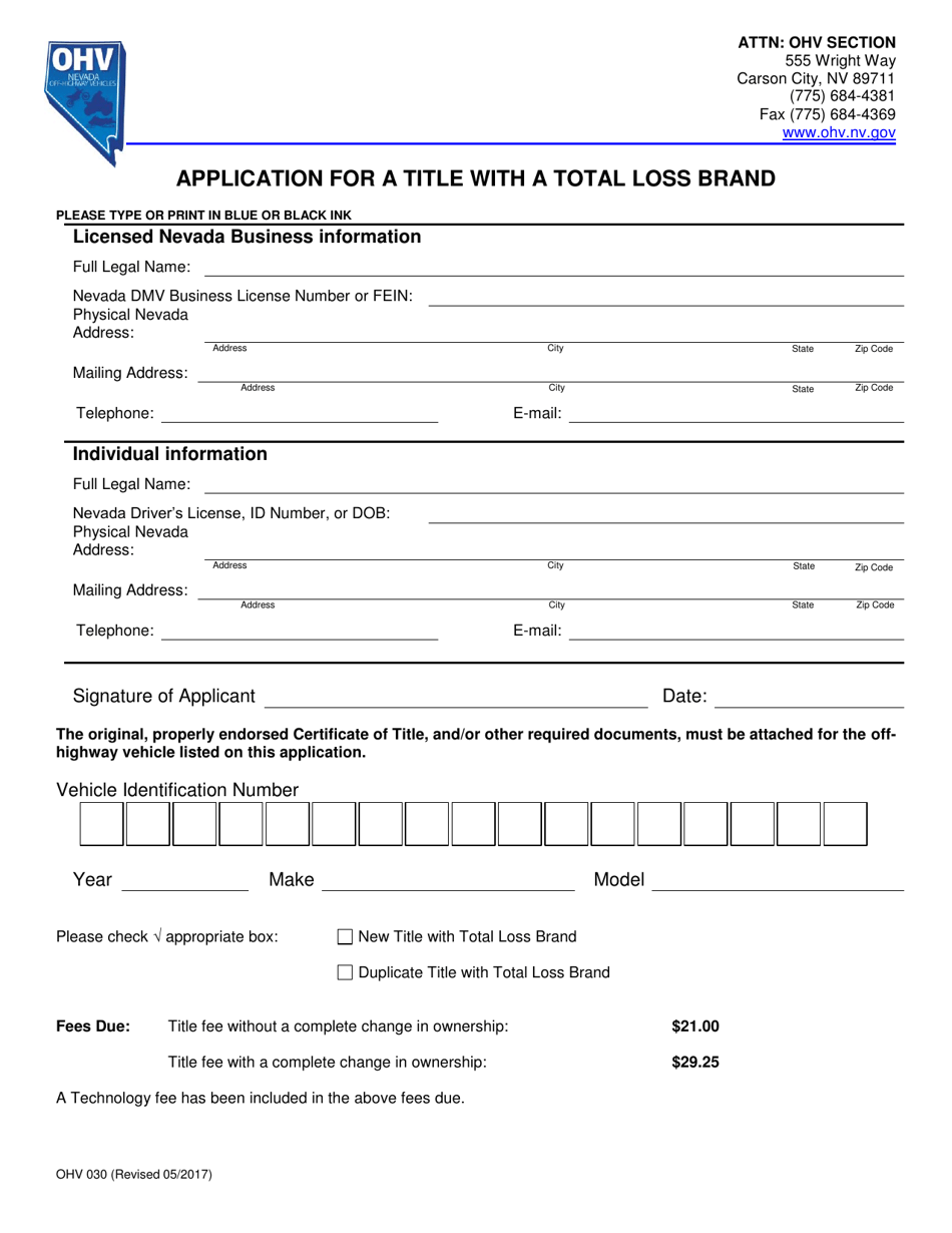 Form OHV030 Application for a Title With a Total Loss Brand - Nevada, Page 1