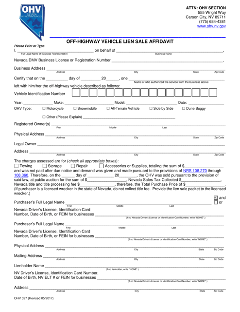 Form OHV027 Off-Highway Vehicle Lien Sale Affidavit - Nevada