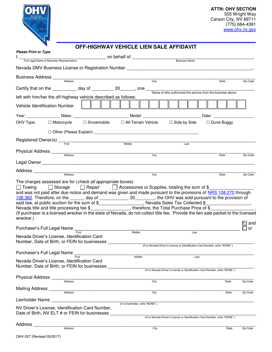 Form OHV027 Off-Highway Vehicle Lien Sale Affidavit - Nevada, Page 1