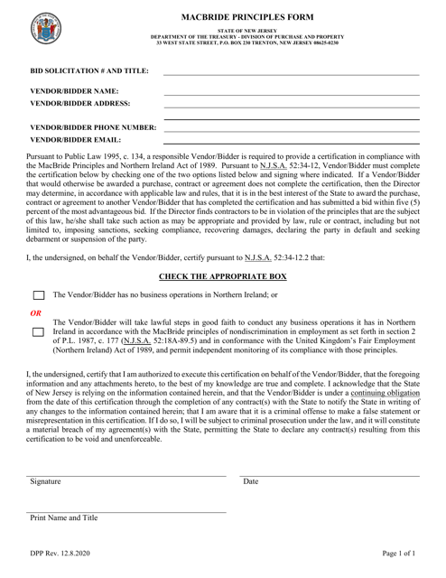 Macbride Principles Form - New Jersey Download Pdf