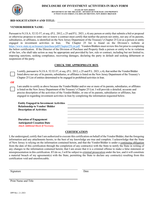 Disclosure of Investment Activities in Iran Form - New Jersey Download Pdf