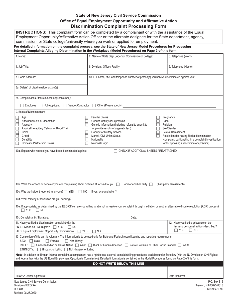 Form DPF481 Discrimination Complaint Processing Form - New Jersey, Page 1