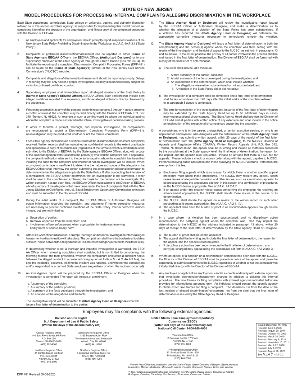 Form DPF481 Discrimination Complaint Processing Form - New Jersey, Page 2